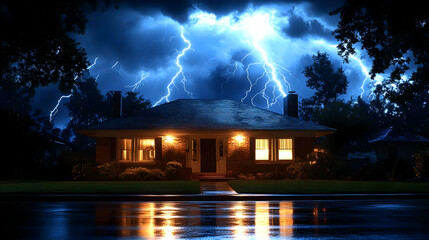 House Illuminated During Dramatic Lightning Storm at Night, Reflecting on Wet Street