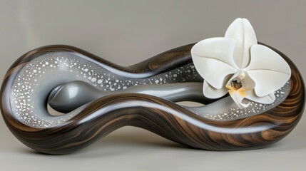 Naklejka premium Abstract wood sculpture with white orchid.