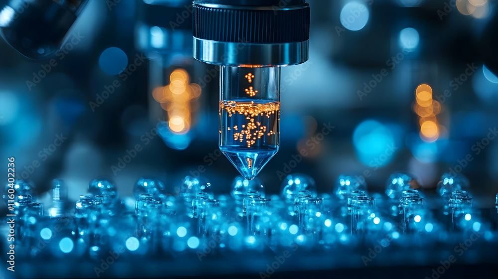 Poster automated machine dispenses liquid into vials in a futuristic laboratory with precision