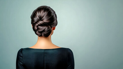 Woman with elegant updo showing intricate hairstyle on pastel background