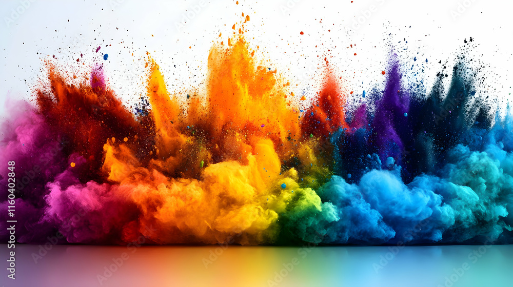 Poster vibrant powder explosions create colorful clouds with dynamic motion on white background.