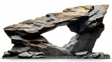 Dark gray rock formation arches elegantly over a bed of small stones, creating a dramatic natural sculpture.