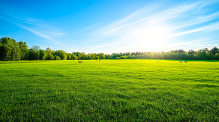Obraz premium Rural landscape with green fields and grazing sheep under a clear sky