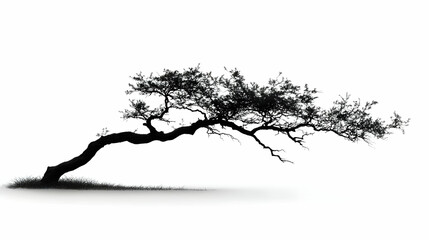 Silhouette of a leaning tree with leaves on a white background, a minimalist composition.