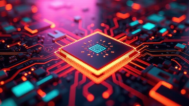 Abstract Close-Up of a Glowing Circuit Board with Central Processing Chip

