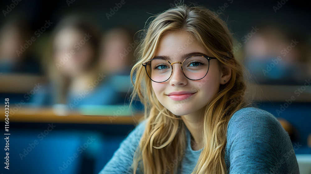 Poster portrait of a smiling student in eyeglasses looking at the camera in a classroom.