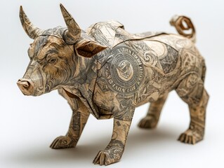 Fototapeta premium A bull sculpture crafted from intricately folded currency notes.