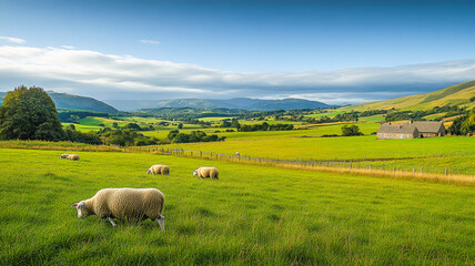 Fototapeta premium Rural landscape with green fields and grazing sheep under a clear sky