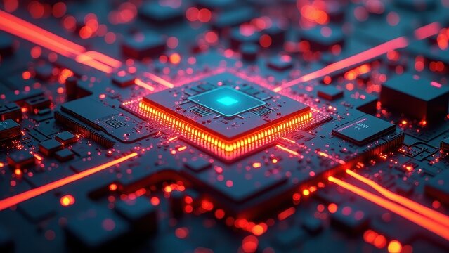 Abstract Close-Up of a Glowing Circuit Board with Central Processing Chip

