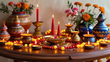 A warm and inviting wooden table adorned with vibrant home decorations for the Diwali holiday, featuring a dazzling array of diyas, candles, and fairy lights in shades of golden yellow, orange, and re