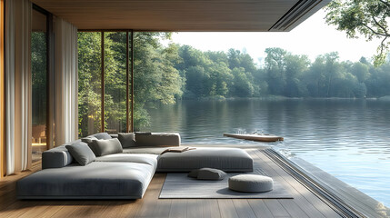 Fototapeta premium Modern Lakeside Living Room Overlooks Tranquil Waters with Lush Greenery Surroundings