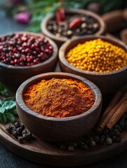 A collection of vibrant spices in wooden bowls, showcasing culinary diversity and flavor.