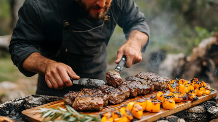 Chef Slices Grilled Steak and Vegetables on Wooden Board Outdoors with Rosemary Garnish