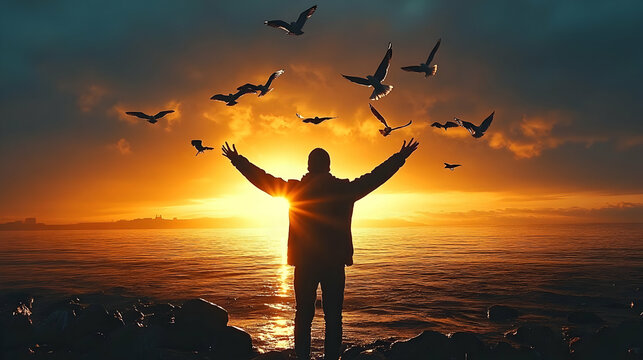Silhouette raises arms amidst soaring birds at sunrise on a rocky shore with cityscape silhouette.