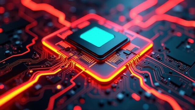 Abstract Close-Up of a Glowing Circuit Board with Central Processing Chip

