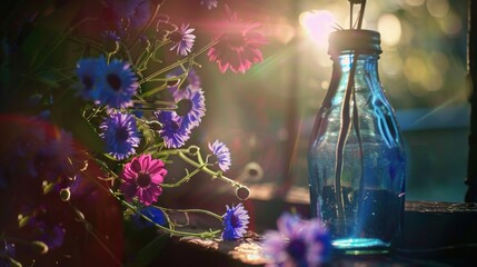 Sunlit blue bottle with purple flowers.