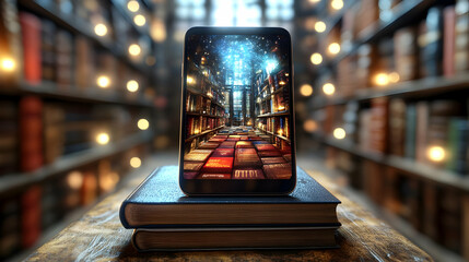 Smartphone displays a magical library interior on its screen, resting on stacked books in a dimly lit library setting.