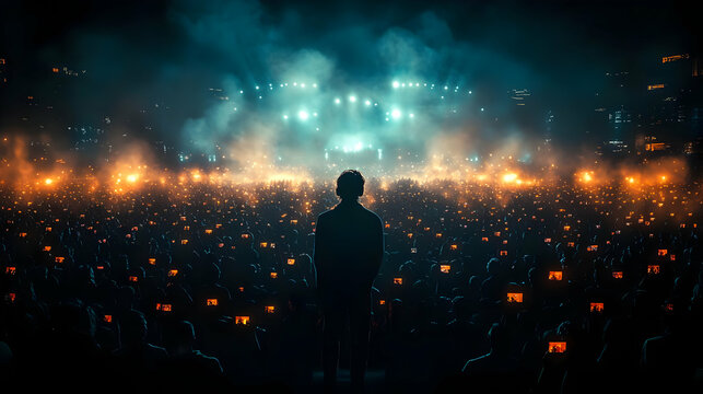 Silhouetted Person Stands Before a Crowd at a Concert, Phones Held High, Capturing the Show.