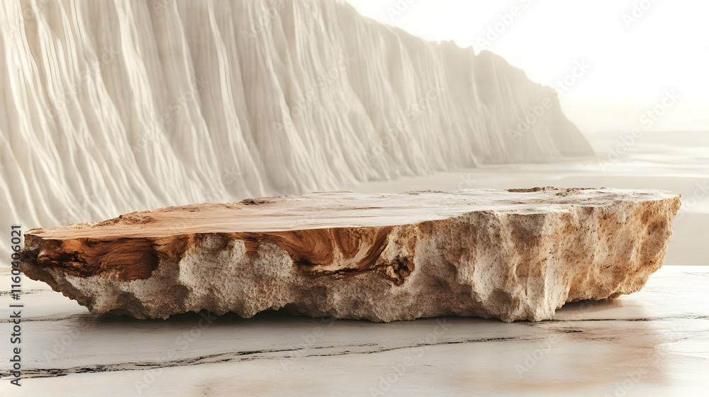 Poster empty stone podium display on marble floor with abstract white background for product placement