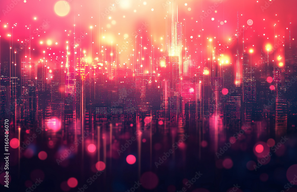 Poster 4-abstract cityscape background featuring bokeh lights and glowing neon effects on a dark red gradie
