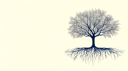 Minimalistic tree line drawing showing roots and branches