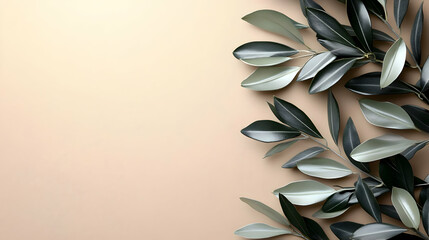 Green and Silver Leaves Arranged Artistically on a Soft Beige Background for Design or Decoration