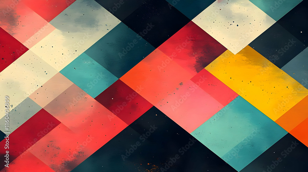 Poster Abstract Geometric Background Displays Colorful Interlocking Diamond Shapes with Textured Details.