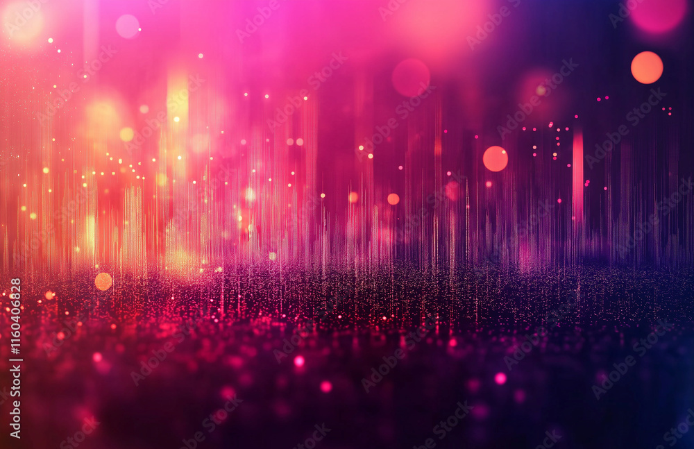 Poster 4-Abstract cityscape background featuring bokeh lights and glowing neon effects on a dark red gradient. Blurry digital city elements with pixel patterns create a vibrant, high-resolution design