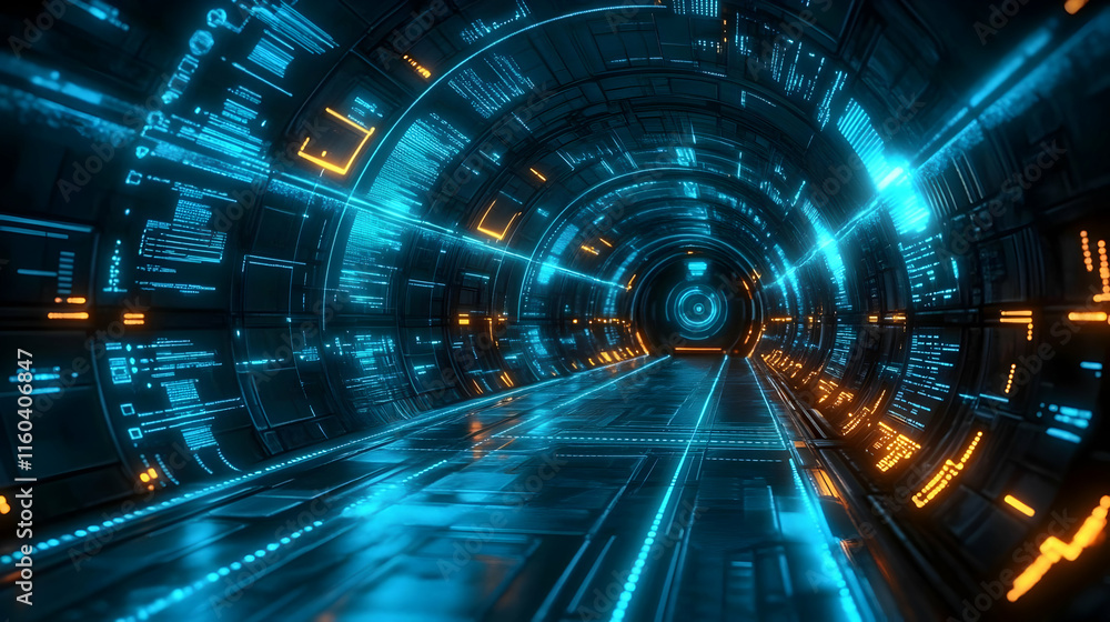 Aufkleber futuristic tunnel shows data stream and glowing lines with digital interface background