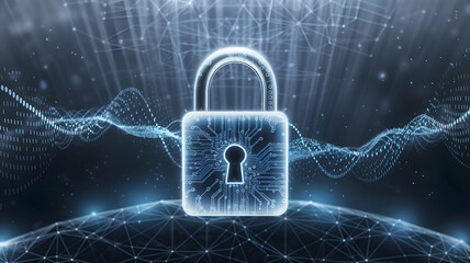 Digital Lock on Global Data: A glowing padlock integrated with circuitry stands atop a connected digital globe, symbolizing cybersecurity and global data encryption in a futuristic tech network.