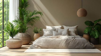 Modern Minimalist Bedroom Interior Design Showcases a Cozy Bed with Neutral Tones, Abundant Greenery, and Natural Light.