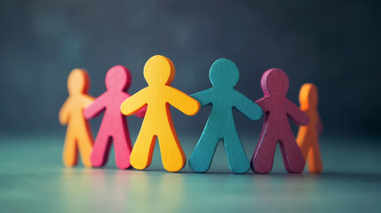 colorful wooden human figures holding hands in a chain, symbolizing unity, collaboration, and diversity against a soft-focus dark background. It conveys teamwork, inclusivity, and connection
