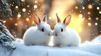Two White Rabbits Huddle in Winter Snow, Enjoying Warm Sunlight