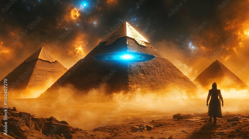 Poster pyramids emerge from cosmic dust with mysterious object hovering above