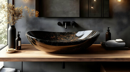 Modern Bathroom Interior with Stone Sink, Wood Countertop, and Dark Gray Walls.