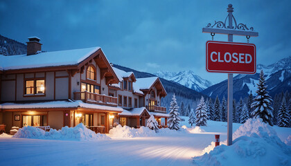 Snow-dusted hotel front with closed sign at twilight, winter solitude