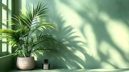 Green Interior with Plant, Perfume, and Window Sunlight Casts Shadows Beautifully