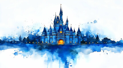 Fototapeta premium Majestic Castle Shines in Blue Watercolor Splendor