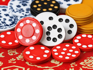 Colorful xiangqi pieces on decorative red cloth