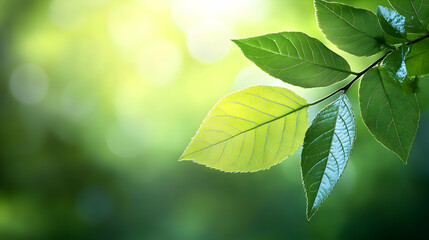 Sunlight illuminates fresh green leaves on a branch, creating a vibrant natural scene in a lush forest.