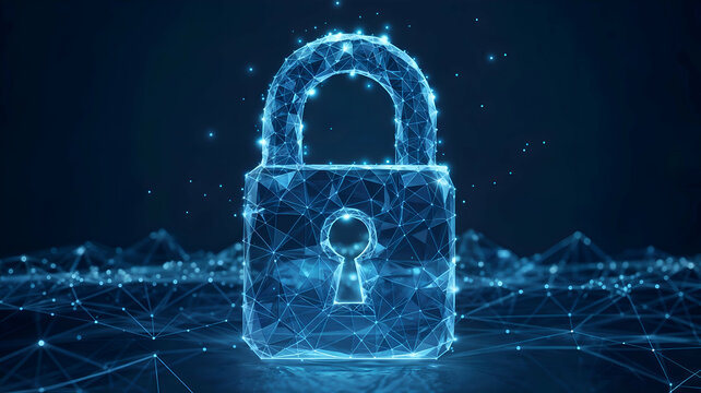 A glowing digital padlock symbolizing cybersecurity, data protection, and encryption in a networked digital landscape.