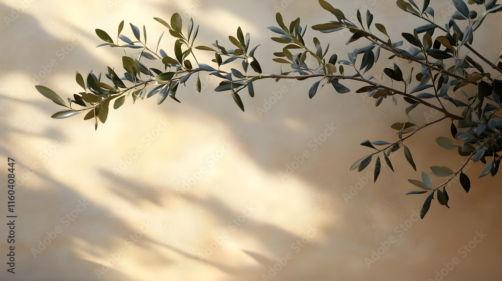 Poster olive branch casts shadows on textured wall, creating a serene and minimalist scene.