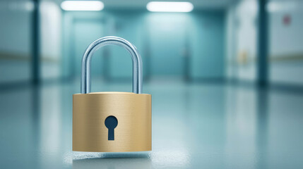 Non disclosure agreement concept. Lock on a smooth floor in a corridor, symbolizing security and protection.