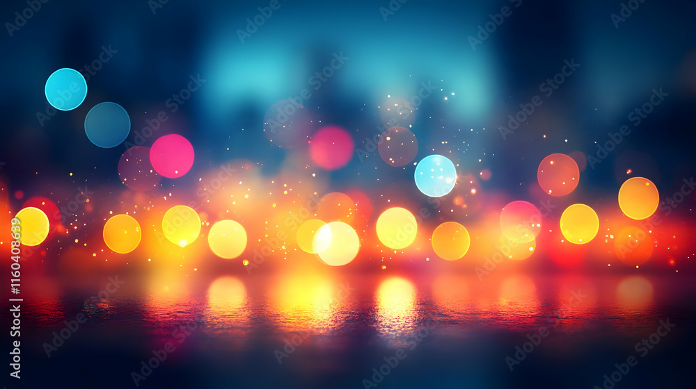 Poster abstract background shows colorful bokeh lights reflecting on a textured surface beautifully.
