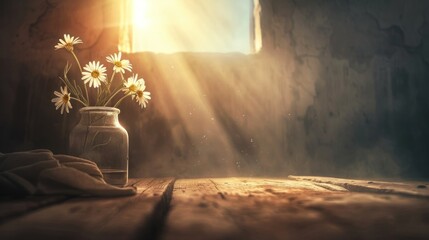 Obraz premium Sunbeams illuminate daisies in a rustic glass jar on a wooden table.