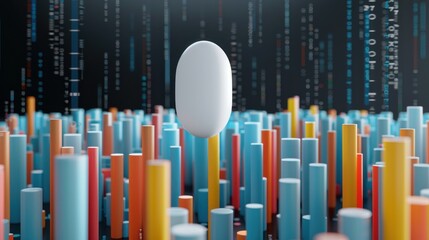 Obraz premium White sphere floats above colorful data columns.
