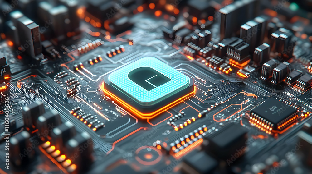 Aufkleber close-up of a futuristic circuit board with glowing microchip and complex wiring details highly.