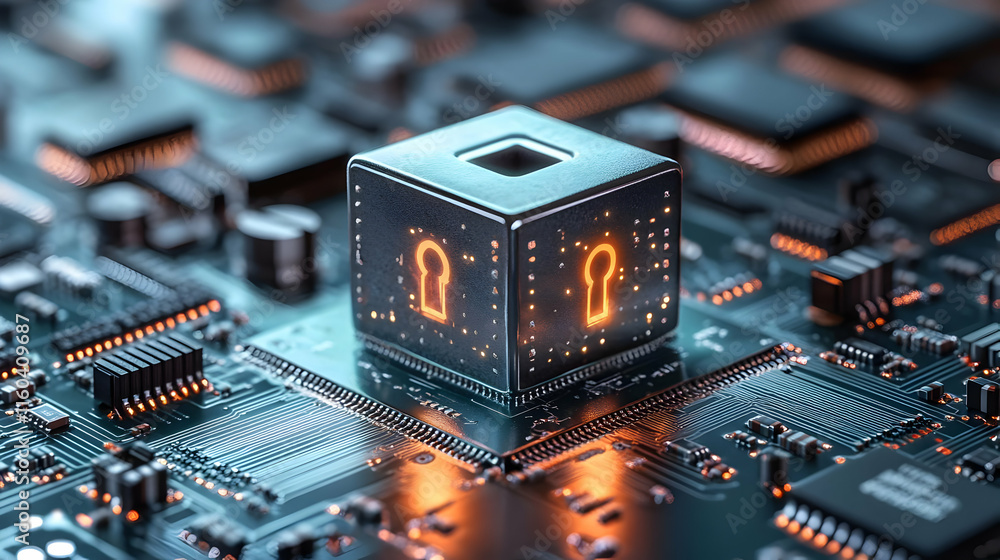 Aufkleber glowing lock cube sits on circuit board symbolizing digital security measures