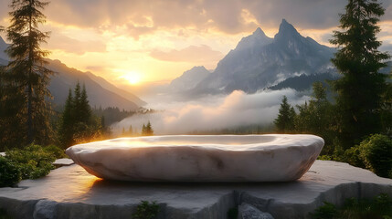 Serene Marble Basin Rests on Rocky Cliff Amidst Misty Mountain Valley Sunset.