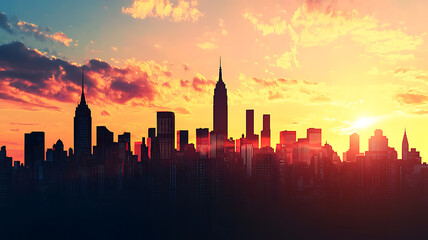 Majestic Skyscrapers at Sunrise: Vibrant Urban Skyline